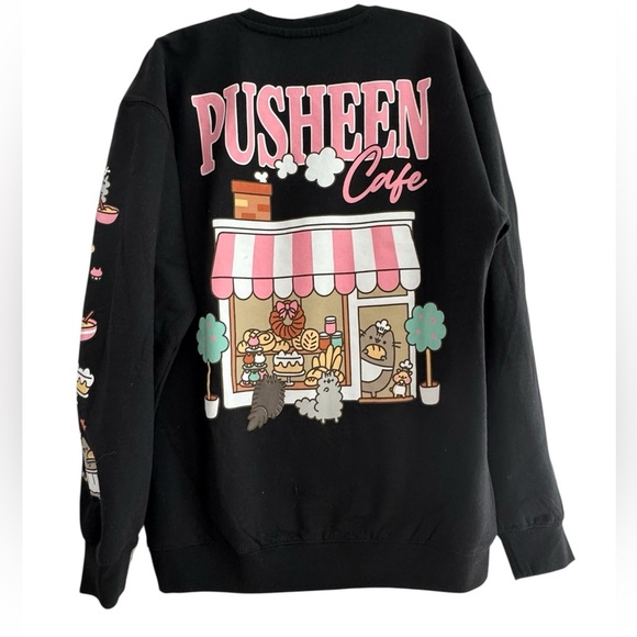 Welcome To Pusheen Cafe - Black Crewneck Pusheen "Let's Bake" sweatshirt Sz L - Picture 2 of 6